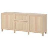 A light wooden BESTÅ sideboard with storage drawers and doors. Minimalist design, light oak finish.