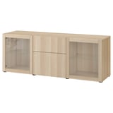 Ikea BESTÅ light oak sideboard, featuring three sections with glass doors and drawers, combining storage and display.