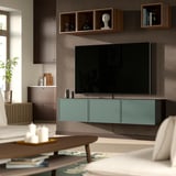 BESTÅ TV bench with doors, black-brown/Krukmakare dark grey-green, 180x42x38 cm