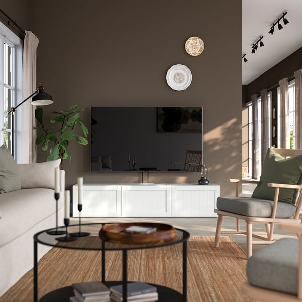 BESTÅ TV bench with doors, white/Pipmakare white, 180x42x38 cm