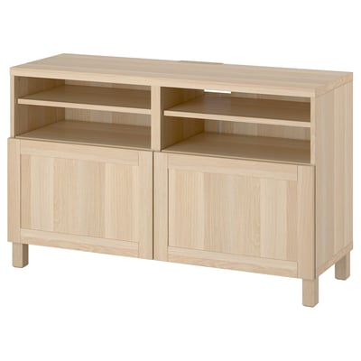 Light wooden tv stand, BESTÅ, light blonde, rectangular, four cabinets, two open shelves, minimalist design, sturdy legs.