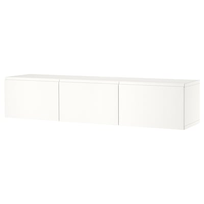 White BESTÅ tv bench, rectangular, wall-mounted, minimalist design.