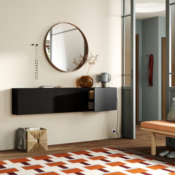 BESTÅ Wall-mounted cabinet combination, black-brown/Lappviken black-brown, 180x22x38 cm