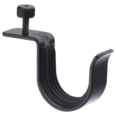 Black steel curtain rod hook with clamp, anti-slip liners, white background.