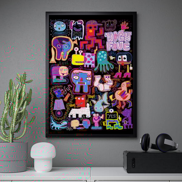 Bright poster art in black frame, displayed on grey wall, accompanied by white lamp, cactus plant, and vr headset with speaker.