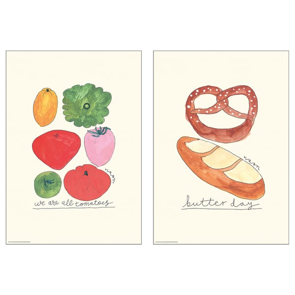 Two illustrations: colorful vegetables, we are all tomatoes, and pretzels with bread, butter day.