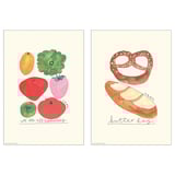 Two illustrations: colorful vegetables, we are all tomatoes, and pretzels with bread, butter day.