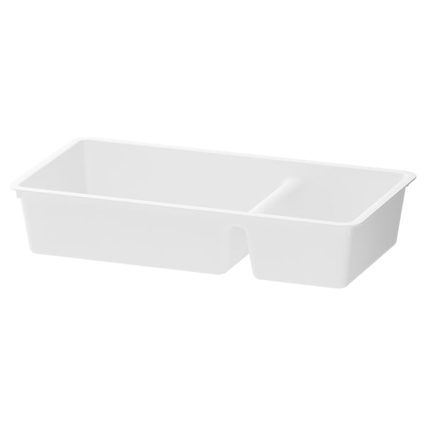 A white BILLINGEN drawer organizer made of plastic, divided into two compartments. Its rectangular and designed for organizing small items.