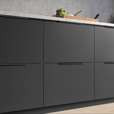 Modern grey kitchen cabinets with sleek BILLSBRO handles, minimalist design.