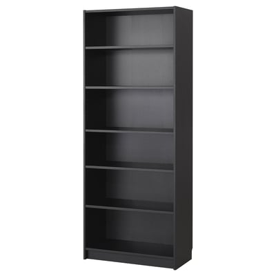 A black BILLY bookcase with a modern design, five empty shelves, and a sturdy wooden structure.