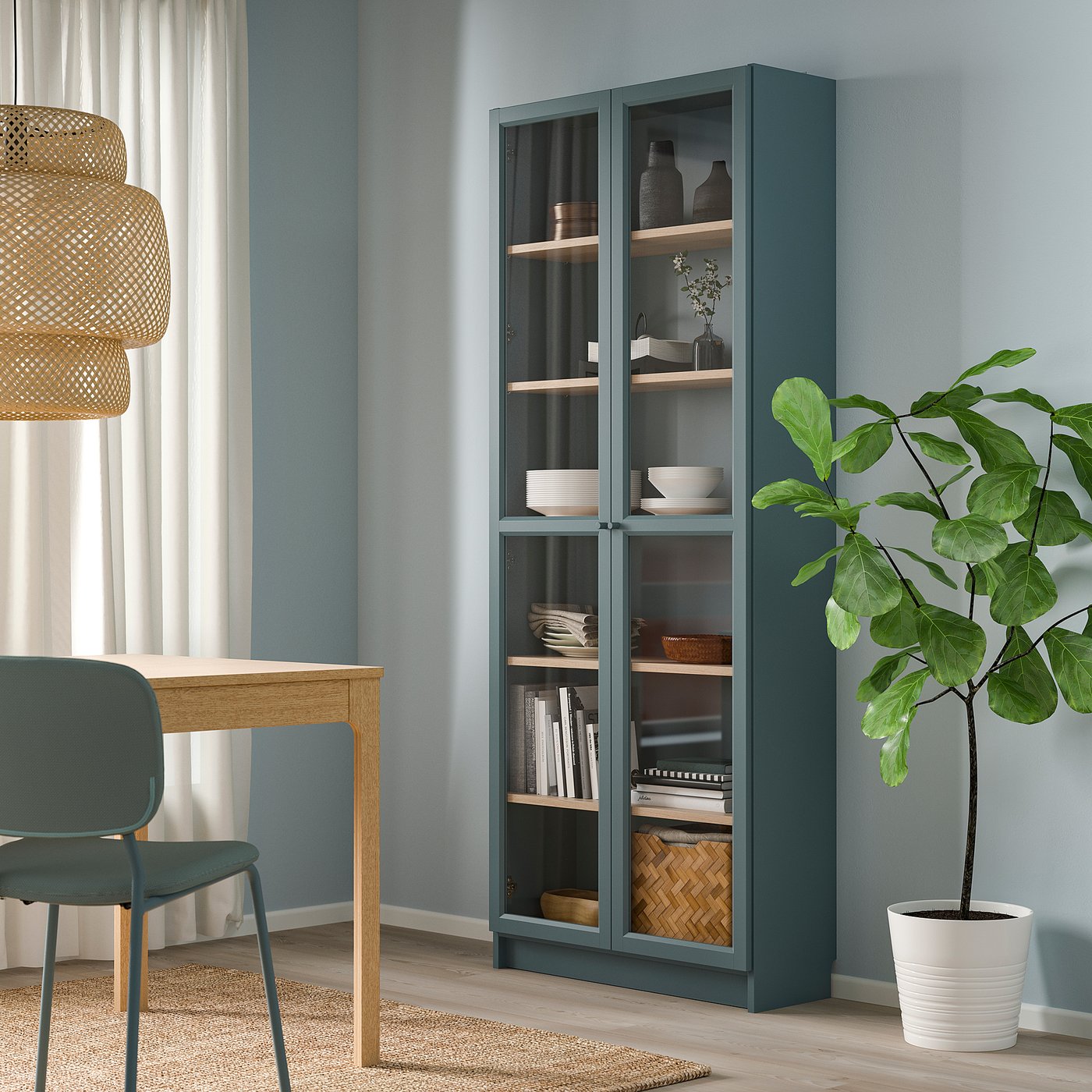 BILLY Bookcase With Glass doors Grey turquoise white Stained Oak BILLY Bookcase With Glass doors Grey turquoise white Stained Oak