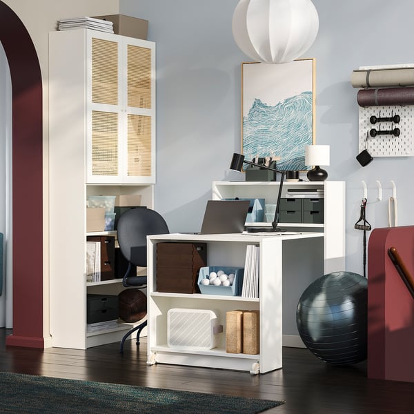 Modern BILLY bookcase combo with foldable table, open & closed storage, ideal for home office.