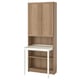 BILLY bookcase with pull-out desk, light brown, white legs, wooden texture, adjustable shelves, two cabinet doors.
