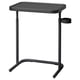 Black adjustable laptop stand with cup holder, metal legs, square top, folds for storage.
