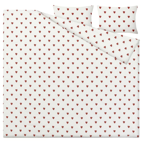 BJÖRNBÄRBUSKE Duvet cover and 2 pillowcases, heart pattern white/red, 240x220/50x60 cm