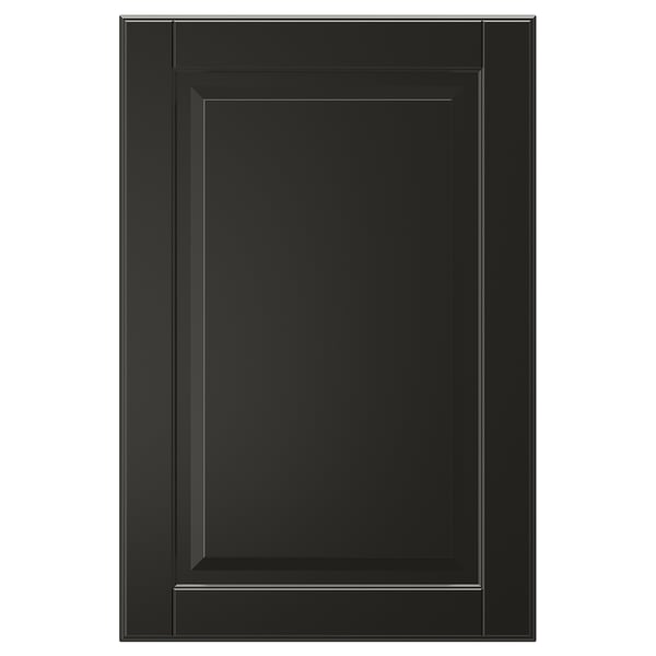 A single black BODBYN cabinet door with a classic beveled panel design, smooth lacquered finish.