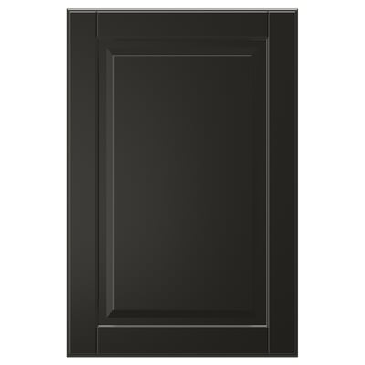 A single black BODBYN cabinet door with a classic bevelled panel design, smooth lacquered finish.