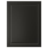 A black, rectangular BODBYN cabinet door with a smooth, lacquered finish and a classic bevelled panel design.