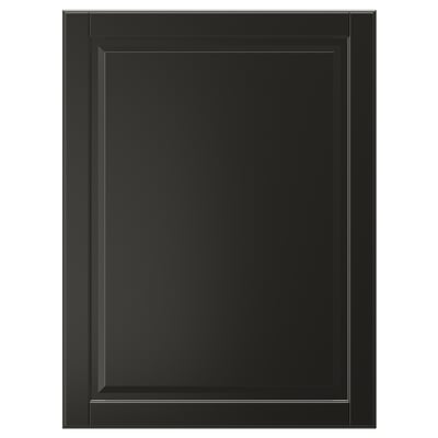 A black, rectangular BODBYN cabinet door with a smooth, lacquered finish and a classic bevelled panel design.