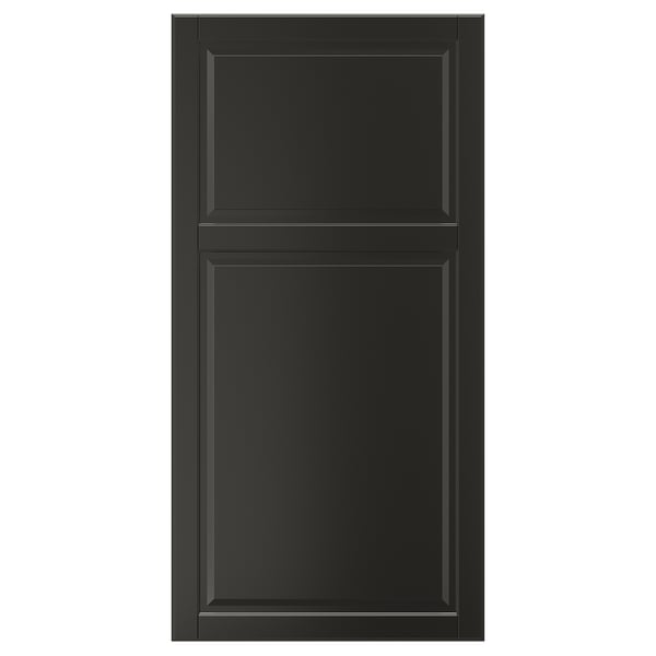 The BODBYN black cabinet door, featuring a classic design with a beveled panel and smooth lacquered finish.