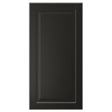 A black BODBYN cabinet door with a sleek, beveled panel design. Its glossy finish is effortless to clean.