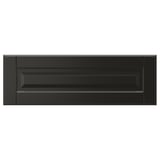 Modern black rectangular BODBYN drawer front with beveled panel design in smooth, lacquered fiberboard.