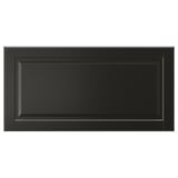 This image shows a black BODBYN drawer front with a smooth, lacquered finish and classic bevelled panel design.