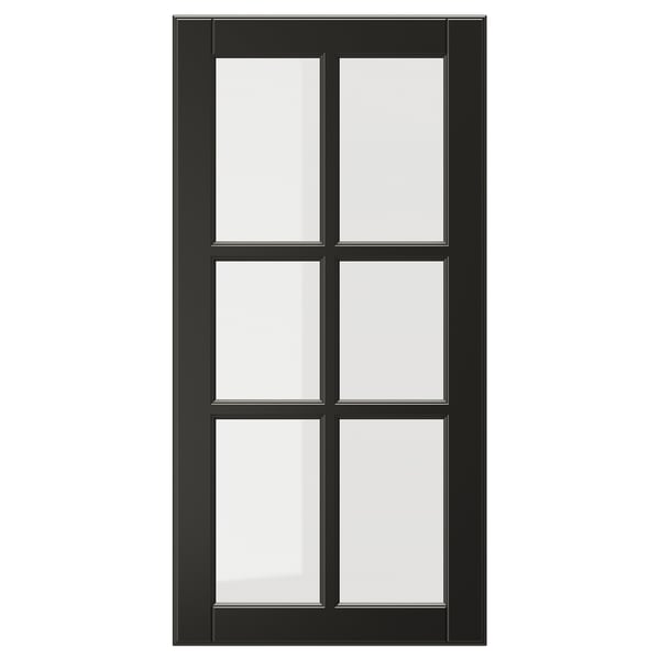 Black BODBYN glass cabinet door with beveled frame and tempered glass.