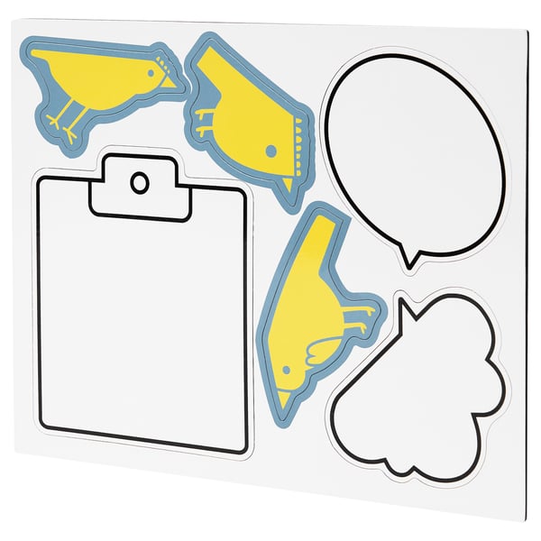 White & yellow magnets: write & organize photos/notes.