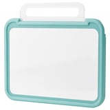 A BÖNSYRSA tablet holder in teal and white. It adjustable angles and a magnetic whiteboard.