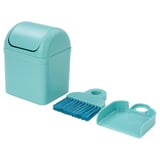 Small blue cleaning set includes dustpan, brush, and bin for desk cleaning, with convenient hanging holes.