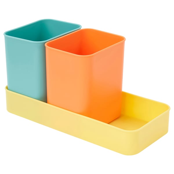 BÖNSYRSA desk organizer: teal, orange, yellow containers, yellow tray