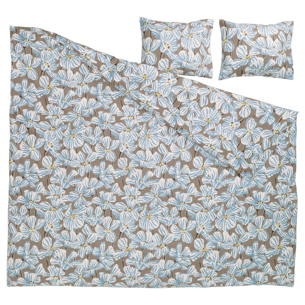 BÖNTRÄD Duvet cover and 2 pillowcases, dark beige/floral pattern, 240x220/50x60 cm