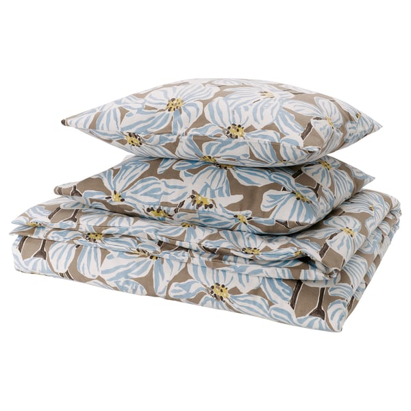 BÖNTRÄD Duvet cover and 2 pillowcases, dark beige/floral pattern, 240x220/50x60 cm
