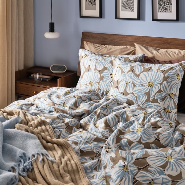 BÖNTRÄD Duvet cover and pillowcase, dark beige/floral pattern, 150x200/50x60 cm