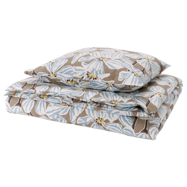 BÖNTRÄD Duvet cover and pillowcase, dark beige/floral pattern, 150x200/50x60 cm
