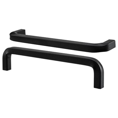 Two black iron BORGHAMN handles, rustic and textured, laid horizontally and slightly angled.
