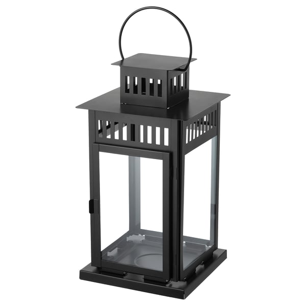 Black BORRBY lantern, square, metal with glass panel, indoor/outdoor use, handle on top.