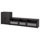 Black tv stand & storage cabinet combo, sleek design, ample space, glass doors.