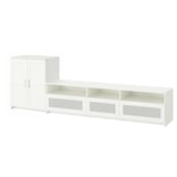 A white BRIMNES collection including a cabinet with doors and an open tv bench with shelves and glass drawers.