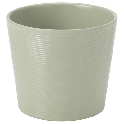 Light green striped ceramic planter with smooth, rounded shape.