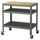 Option: A BROR brand trolley in green. It a wooden top and two shelves, supported by a metal frame. It has four wheels for mobility.