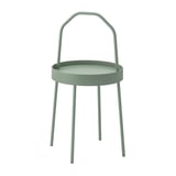 A green BURVIK side table with a round top, three legs, and a carrying handle.