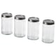 Option: Four empty glass jars with silver lids lined up. Clean, minimalist design. Perfect for storing spices or other kitchen items.