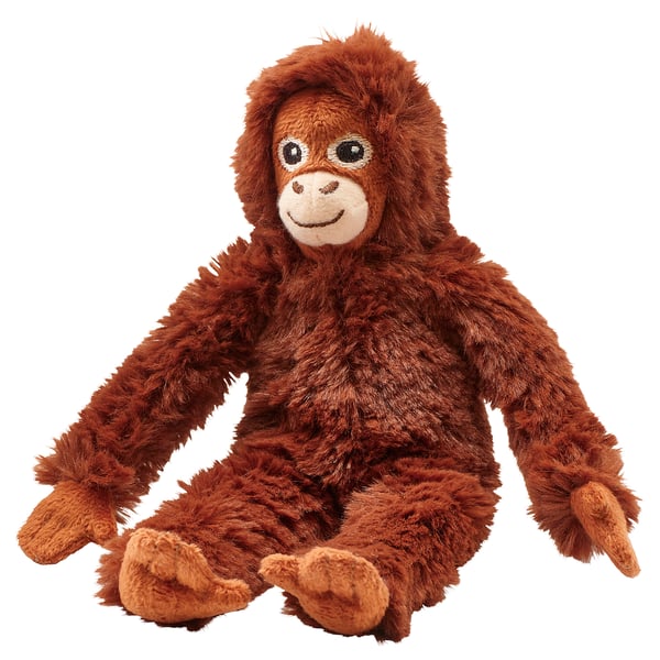 DJUNGELSKOG plush brown orangutan, soft, recycled polyester, detailed face, holding hands, charming design.