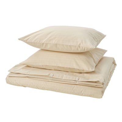 Folded beige duvet cover set with check pattern and stripes. Made of 100% cotton.