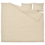 A beige DOFTAKLEJA duvet cover with check and stripe patterns, featuring corner holes for easy duvet insertion.
