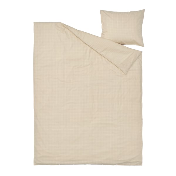 Beige/white DOFTAKLEJA duvet with check pattern and stripe reverse, soft cotton, rectangular shape, button closure.