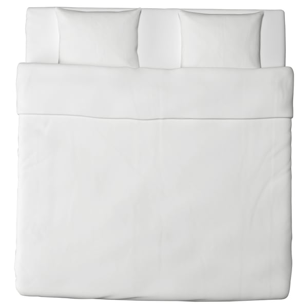 White bedding set with four pillows, crisp clean look, rectangular shape, plain design.