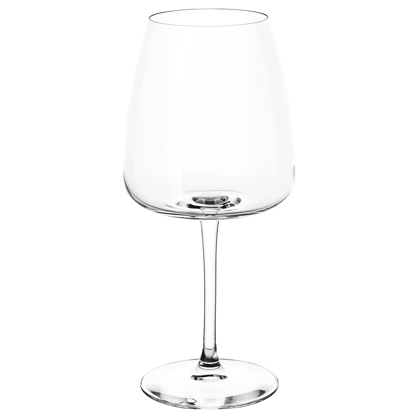 Clear, elegant wine glass with long stem and round bowl.